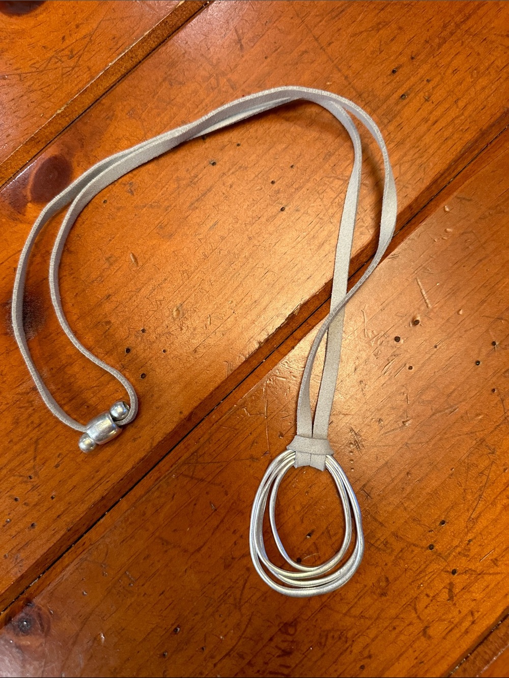Chico's Silver Multi-Loop Pendant on Light Gray Suede Cord